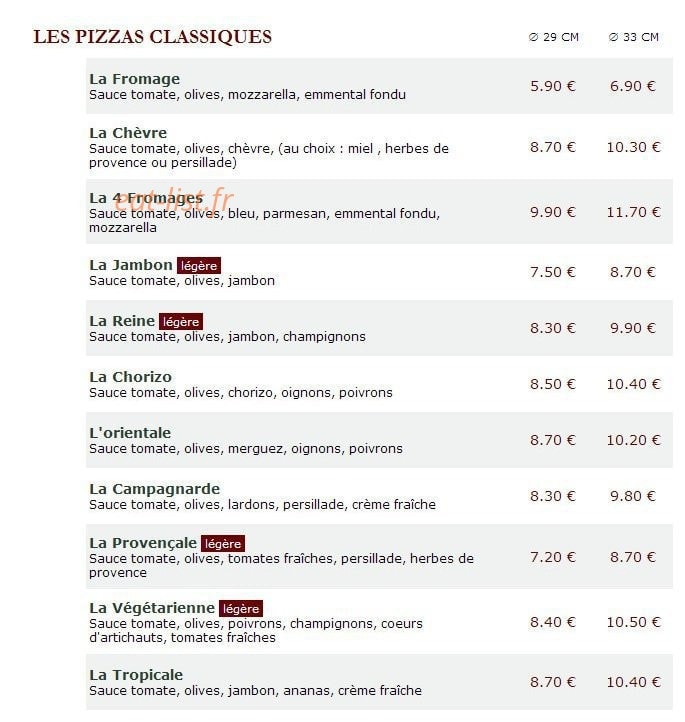 Le Kiosque à Pizzas — carte page 1