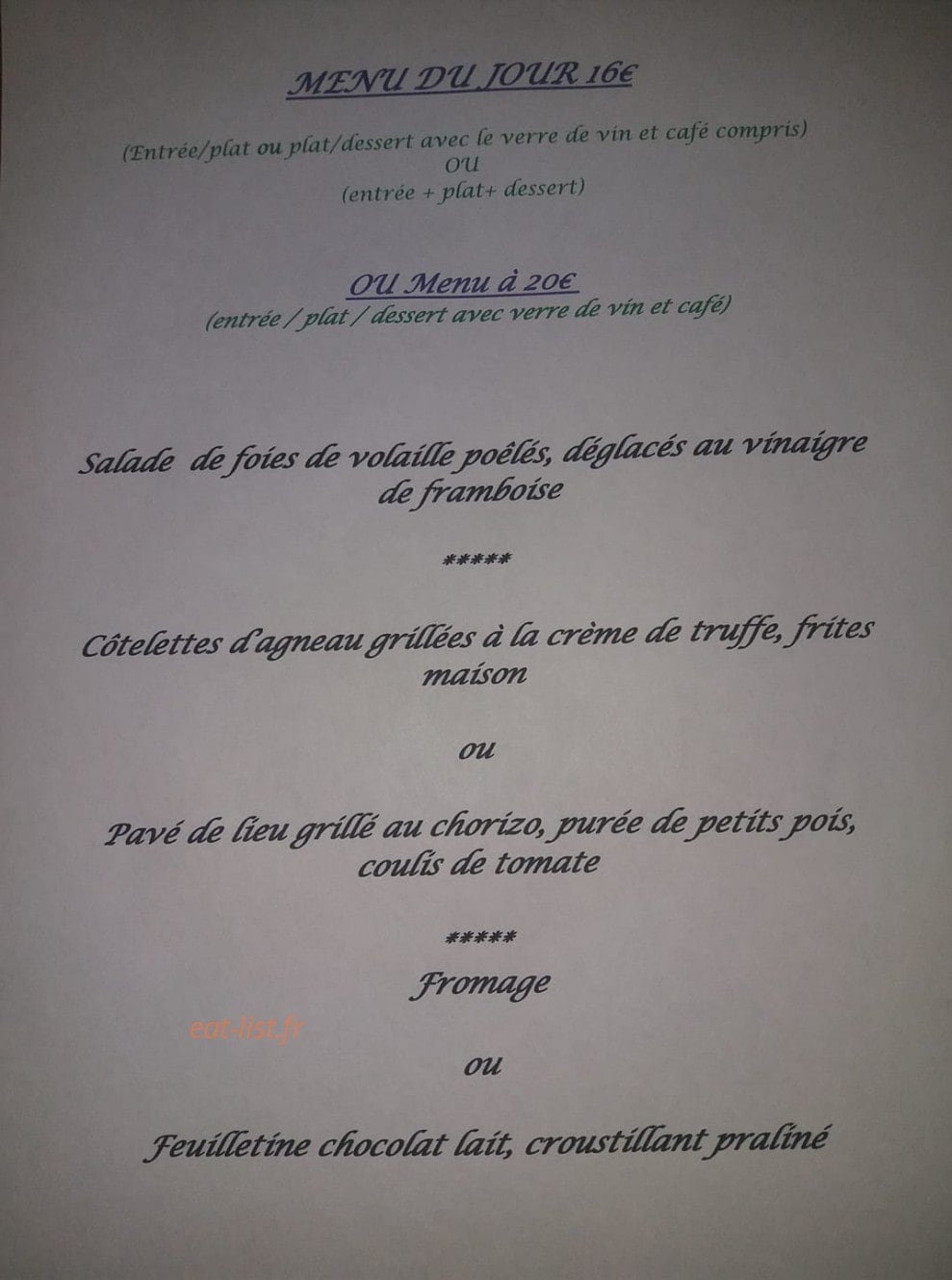 Carte et menu de L'Escale Entre Terre Et Mer à Laruscade — Exemple de menu du jour