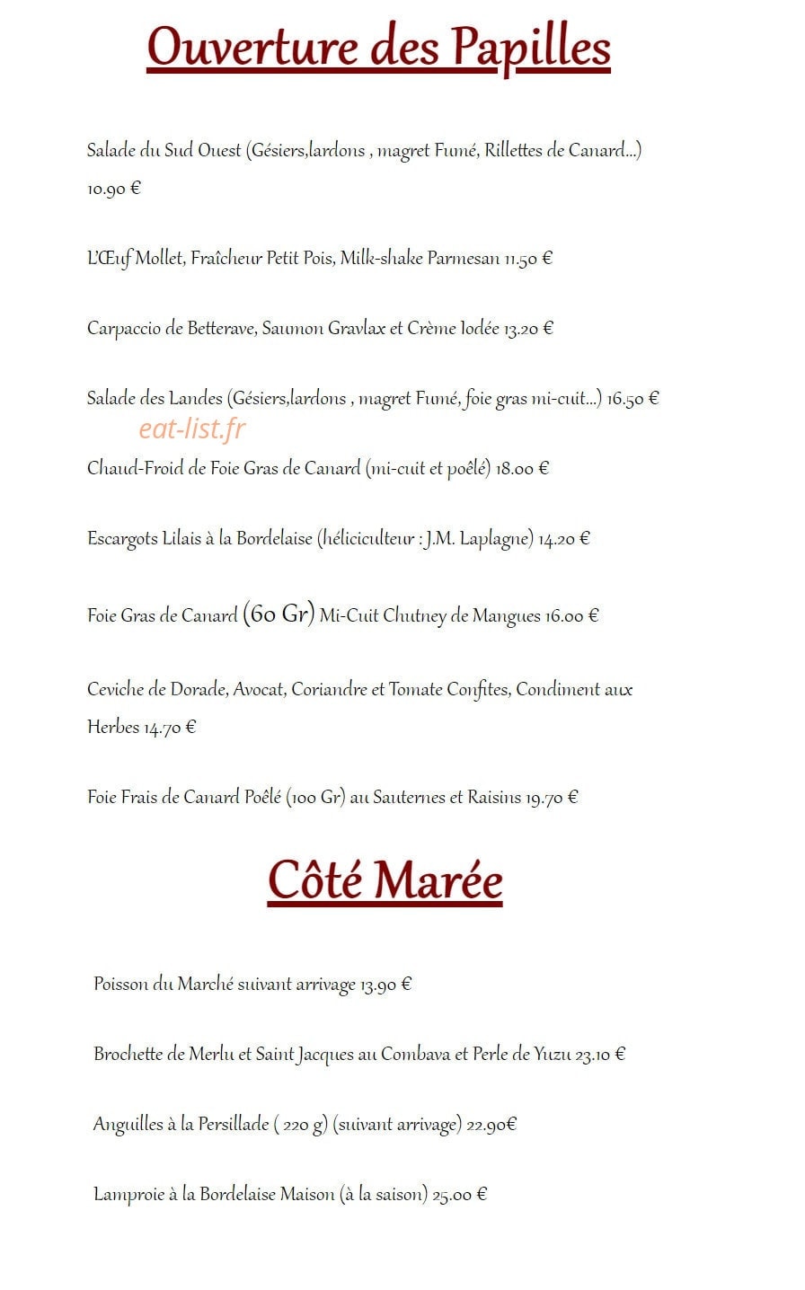 Le petit Caboulot — carte page 1