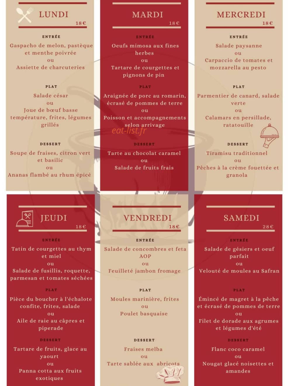 Carte et menu de L'auberge du bourg à Cabanac et Villagrains — Un exemple de menu du semaine