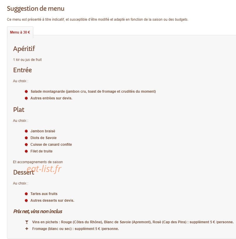 Carte et menu de La Renardière à Plateau-des-Petites-Roches  — les menus