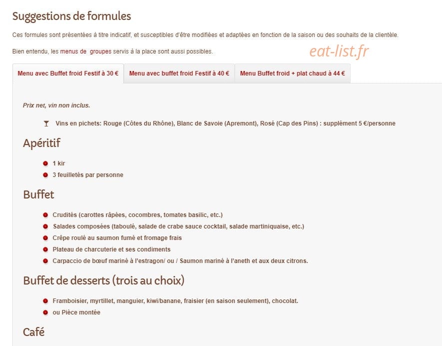 Carte et menu de La Renardière à Plateau-des-Petites-Roches  — les formules