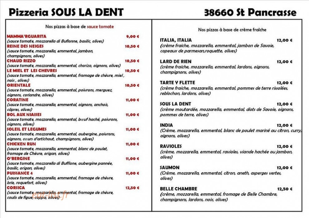 Carte et menu de Sous La Dent à Plateau-des-Petites-Roches  — les pizzas