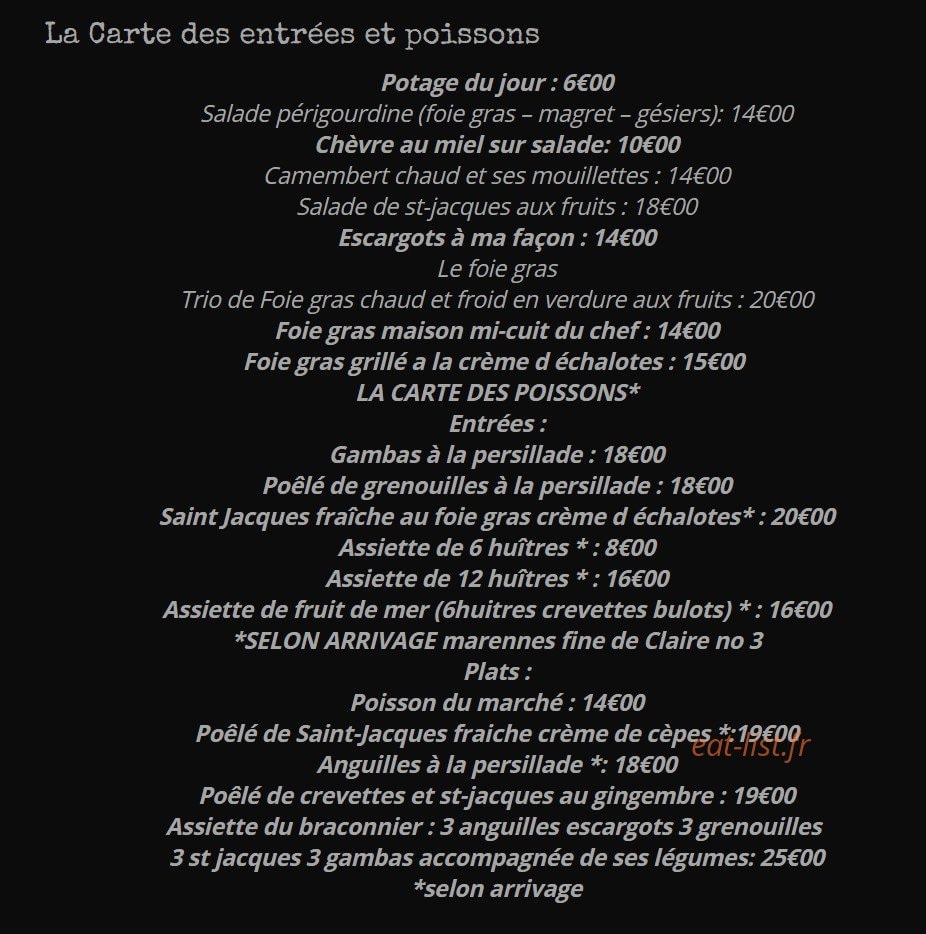 Carte et menu de La Grillade au bois à Saint Antoine sur l'Isle — les entrées et poissons