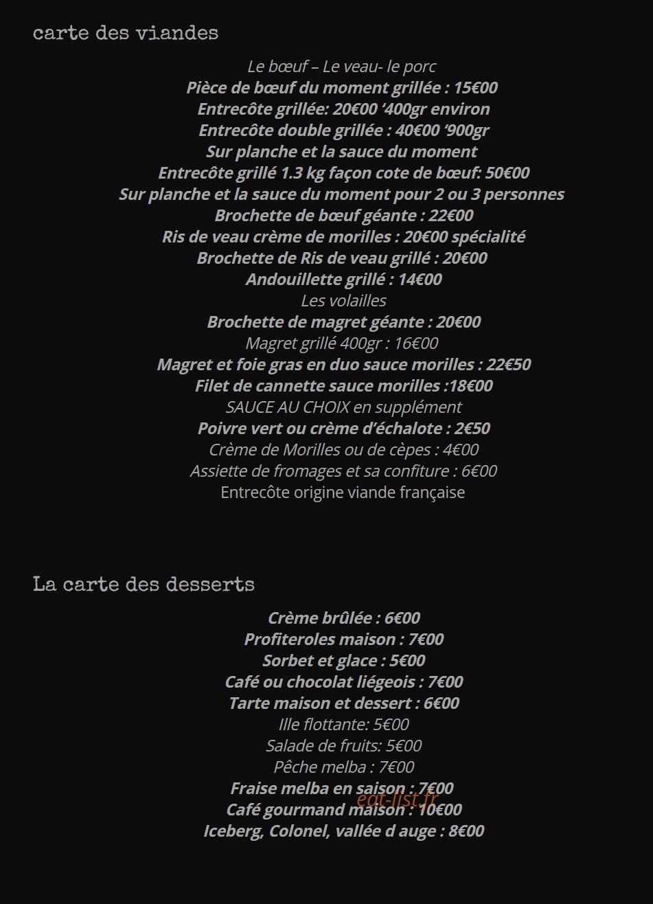 Carte et menu de La Grillade au bois à Saint Antoine sur l'Isle — les viandes et desserts