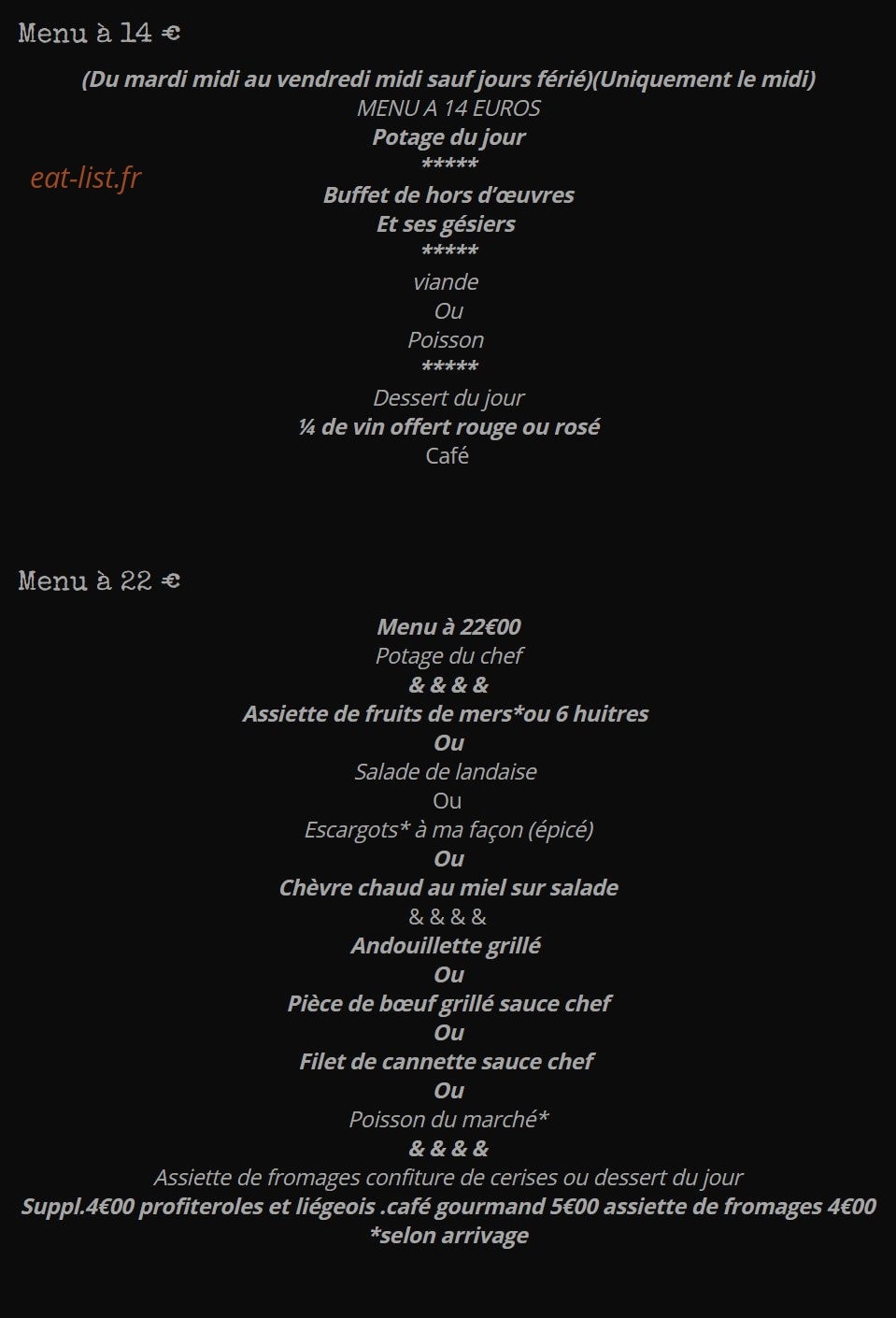 Carte et menu de La Grillade au bois à Saint Antoine sur l'Isle — Menu à 14 € et 22€