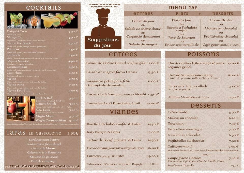 Carte et menu de La Brasserie canaulaise à Lacanau Ocean — Cocktails, tapas, menus,...