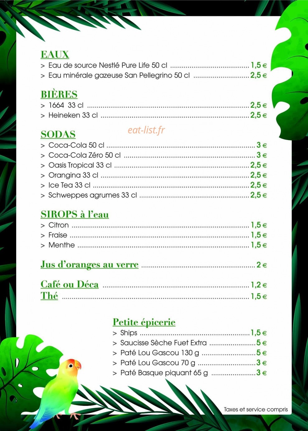 Carte et menu de La Paillote du Paradis à Lacanau — Eaux, bières, sodas,...