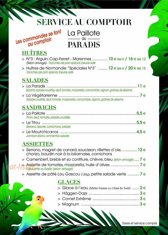 Carte et menu de La Paillote du Paradis à Lacanau — Huîtres, salades, sandwiches,...