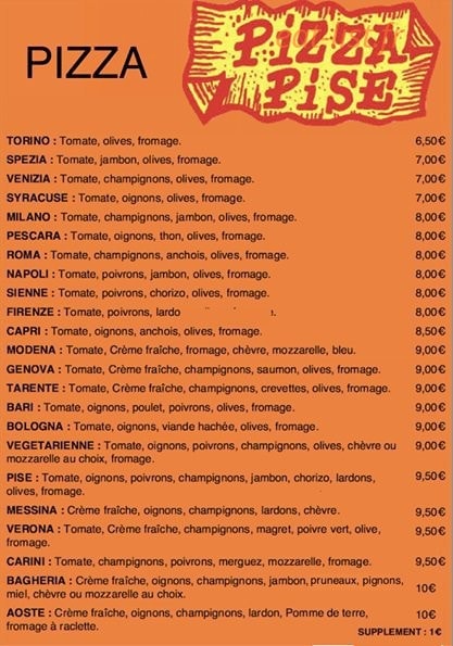 Pizza Pise — carte page 1