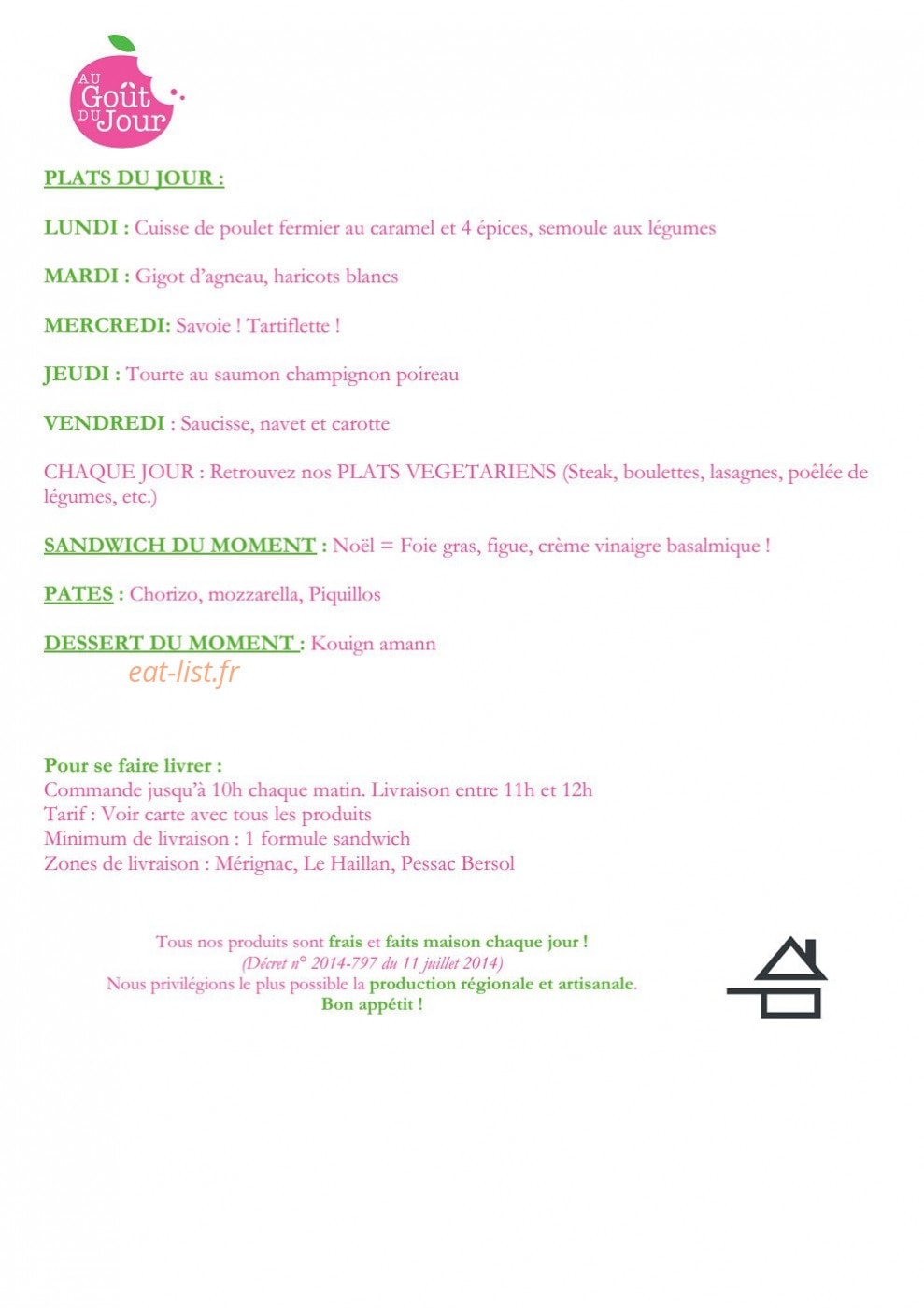 Au Goût du jour — carte page 1