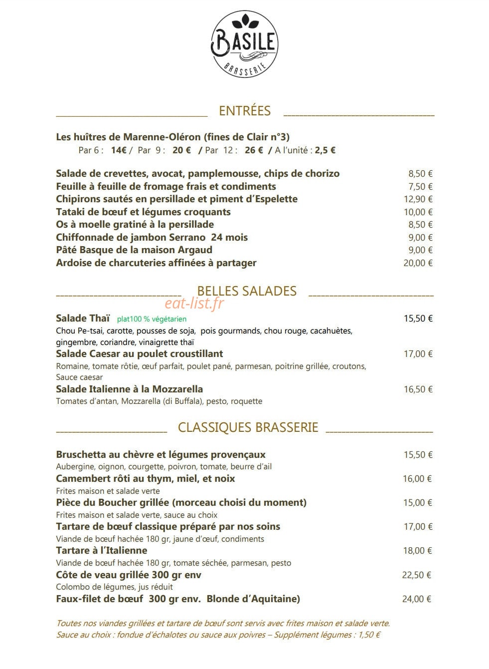 Brasserie Basile — carte page 1