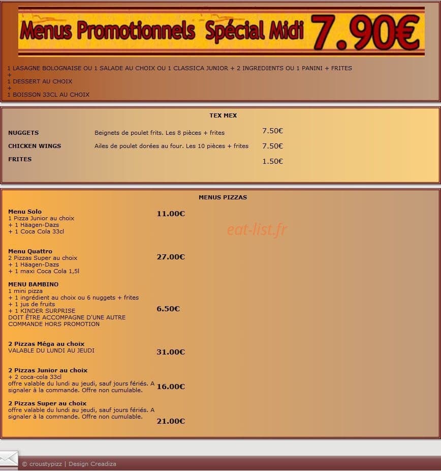 Crousty Pizz — carte page 1