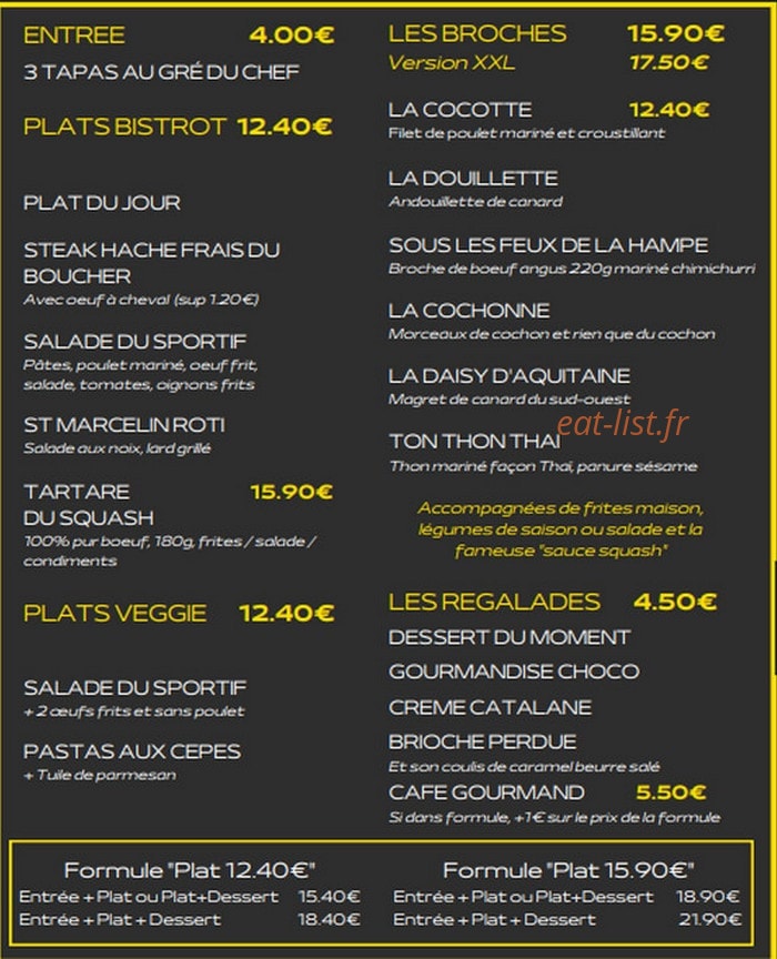 Le Bistrot du squash — carte page 1