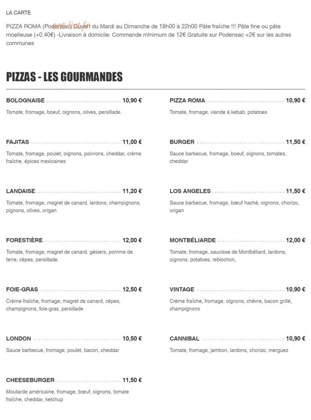 Pizza Roma — carte page 1