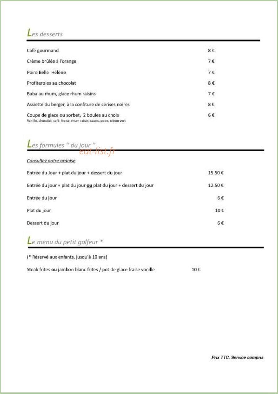 Carte et menu de Le restaurant du Golf de Teynac à Beychac et Caillau — les desserts et formules