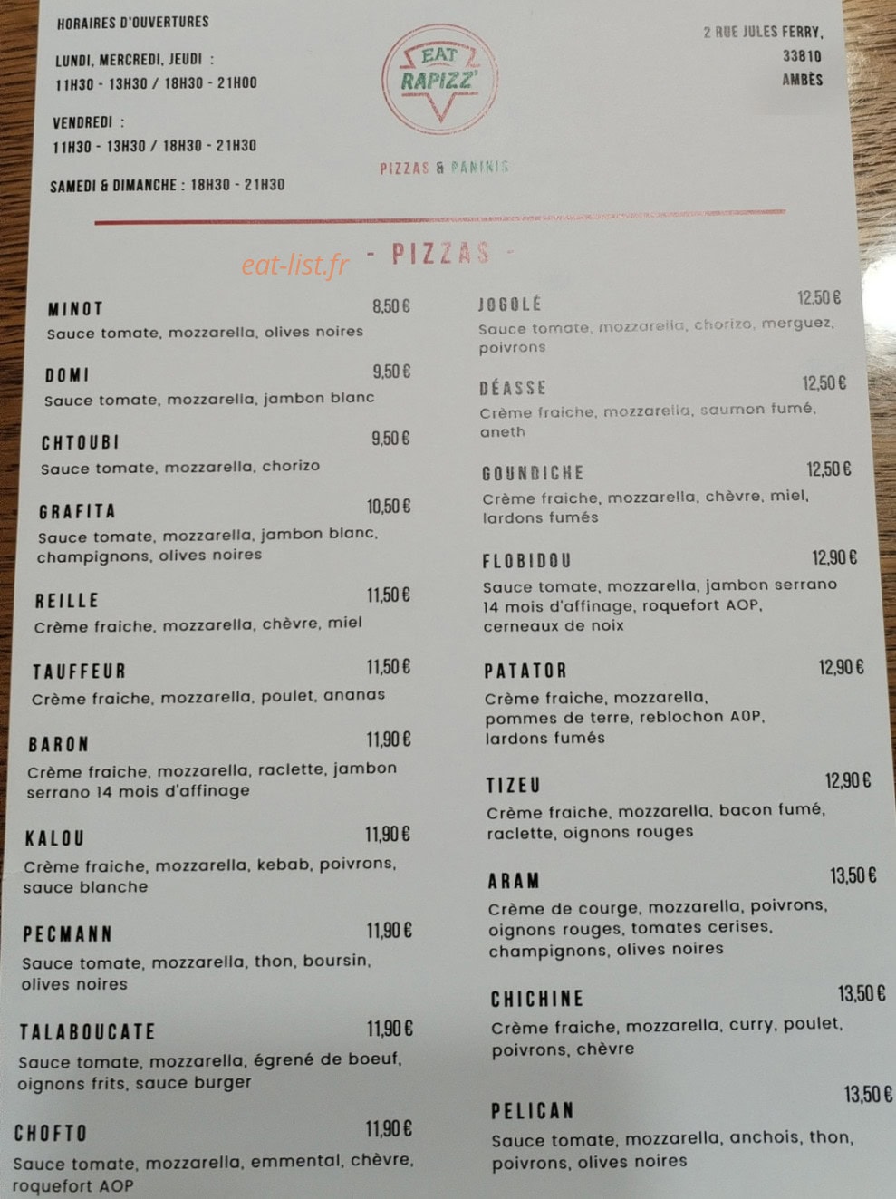 Eat Rapizz — carte page 1