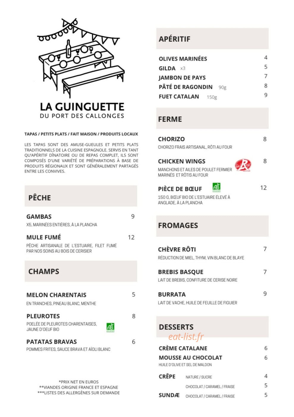 Carte et menu de La Guinguette du port des Callonges à Saint Ciers sur Gironde — Le menu tapas