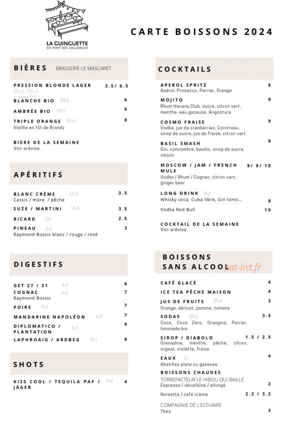Carte et menu de La Guinguette du port des Callonges à Saint Ciers sur Gironde — La carte des boissons