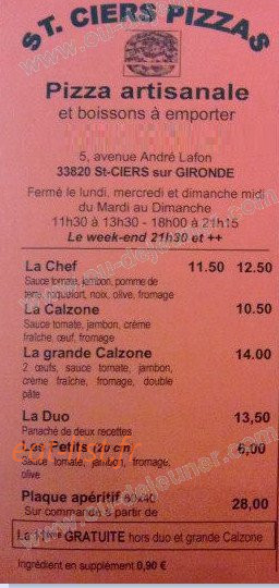Carte et menu de Saint Ciers Pizzas à Saint Ciers sur Gironde — Les pizzas: la chef, la calzone...