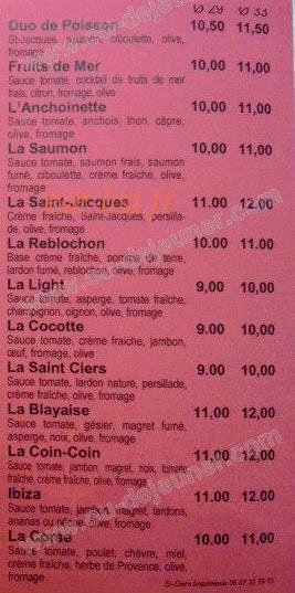 Carte et menu de Saint Ciers Pizzas à Saint Ciers sur Gironde — Les pizzas: duo de poisson, fruit de mer...