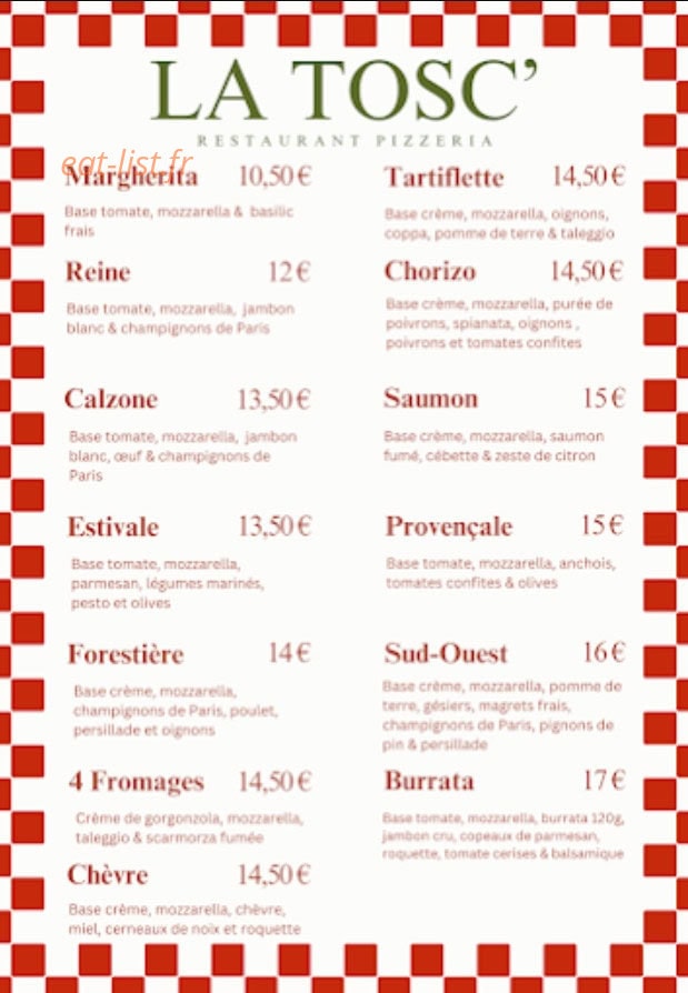 Carte et menu de La Tosc' à Belin Beliet — Les pizzas