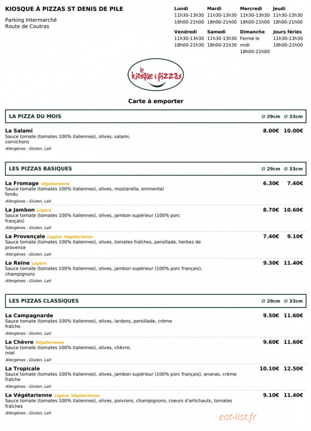 Le Kiosque à Pizzas — carte page 1