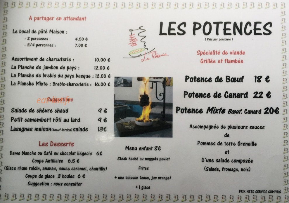 Carte et menu de La Potence Grill à Vendays Montalivet — A partager, suggestions et desserts