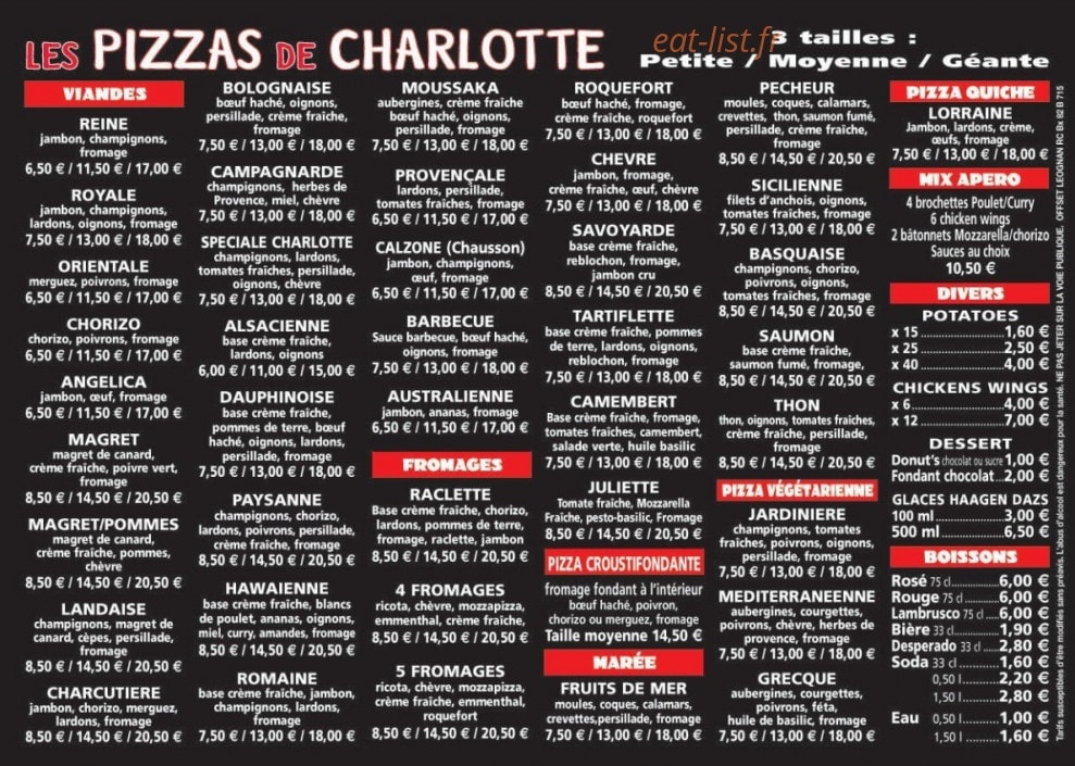 Les Pizzas de Charlotte — carte page 2