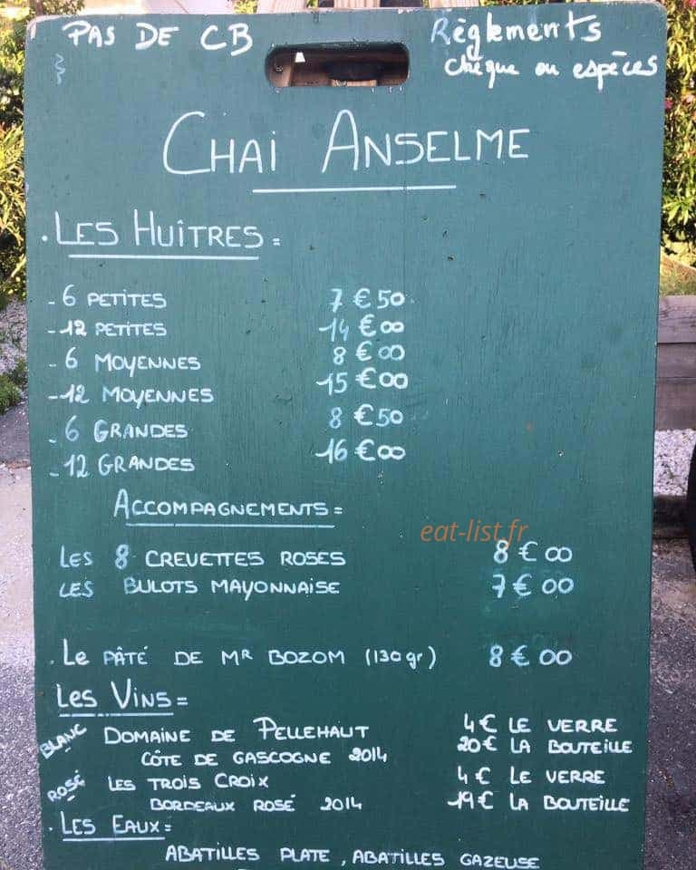 Carte et menu de Chai Anselme à Le Canon — Exemple de menu
