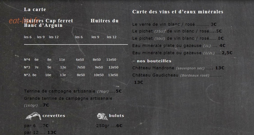 Carte et menu de Chez Guillaume à Lege Cap Ferret — Fruits de mer et vins