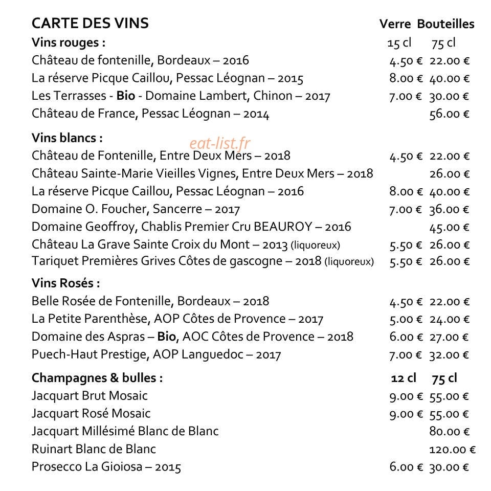 Carte et menu de L'auberge Du Bassin à Lege Cap Ferret — vins