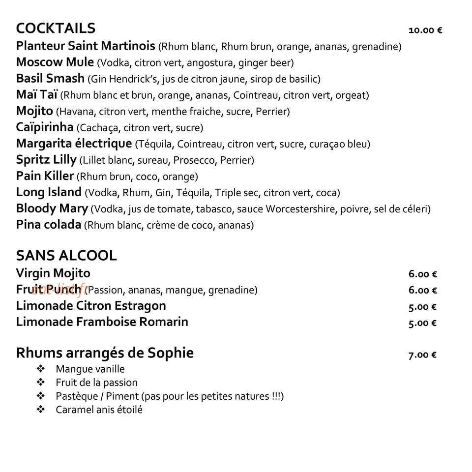 Carte et menu de L'auberge Du Bassin à Lege Cap Ferret — cocktails