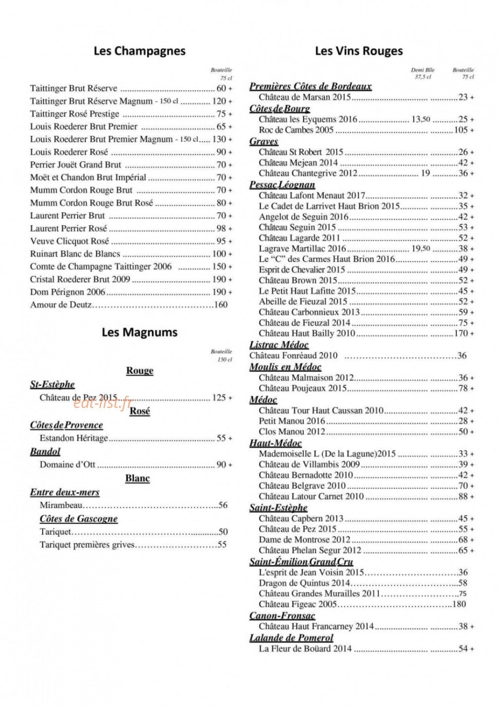 Carte et menu de Le Bouchon du Ferret Chez Boulant à Lege Cap Ferret — Les champagnes