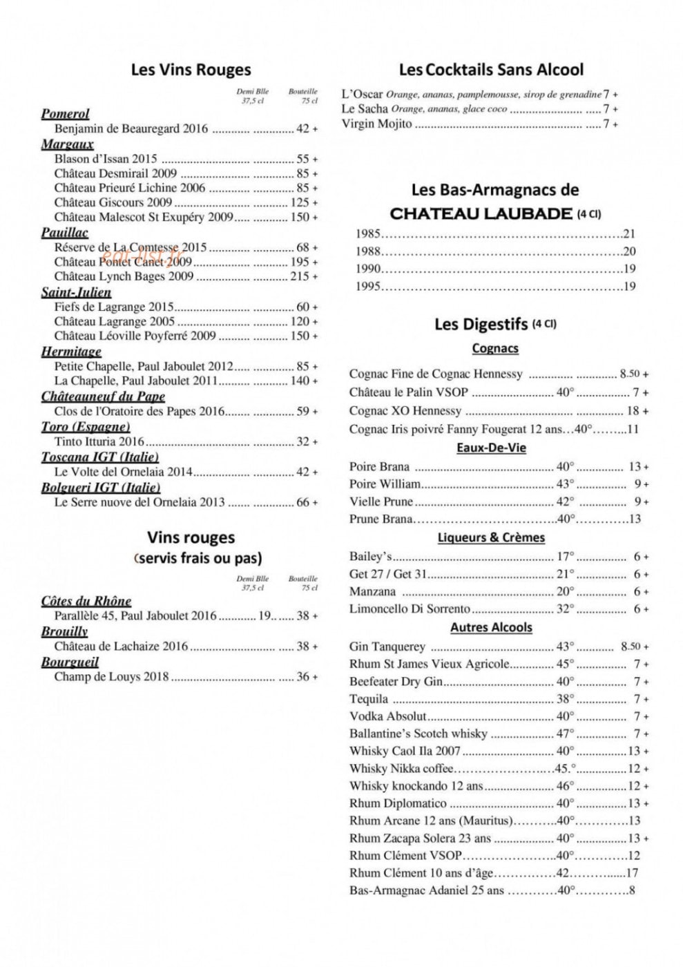 Carte et menu de Le Bouchon du Ferret Chez Boulant à Lege Cap Ferret — Les vins rouges , cocktail sans alcools
