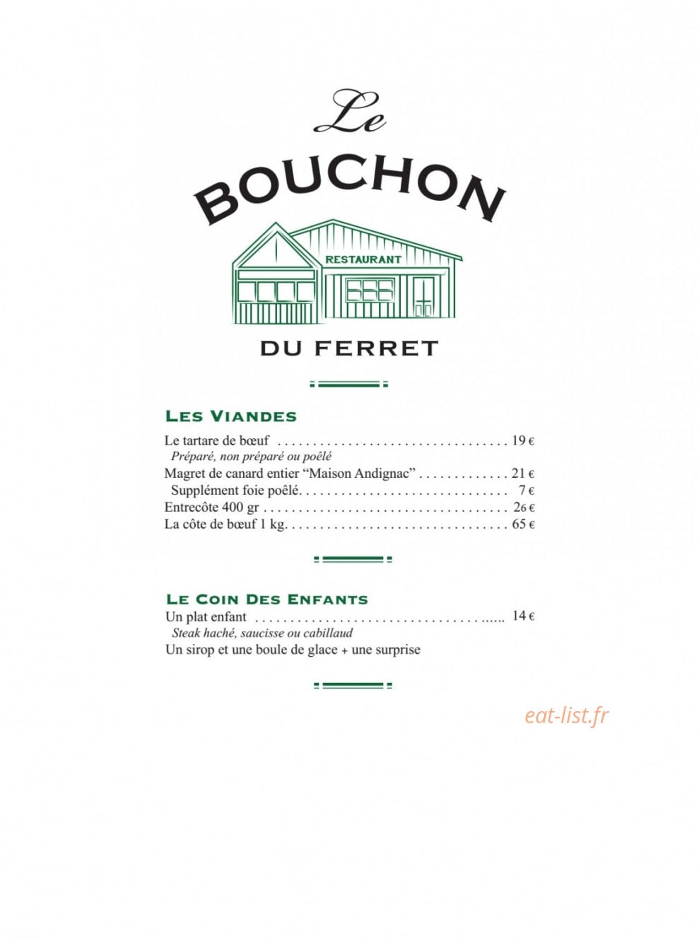 Carte et menu de Le Bouchon du Ferret Chez Boulant à Lege Cap Ferret — Les viandes, coin des enfants