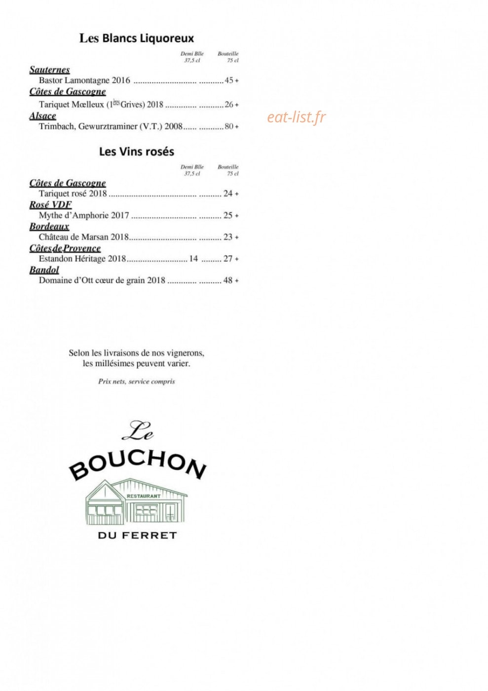 Carte et menu de Le Bouchon du Ferret Chez Boulant à Lege Cap Ferret — Les blancs liquoreux