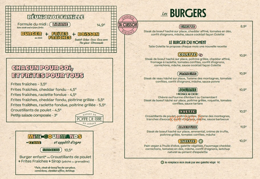 Les Burgers de Colette — carte page 1