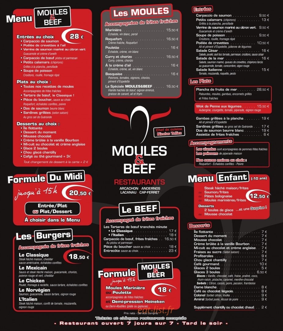 Carte et menu de Moules & Beef à Lege Cap Ferret — Formules, burgers, moules,...