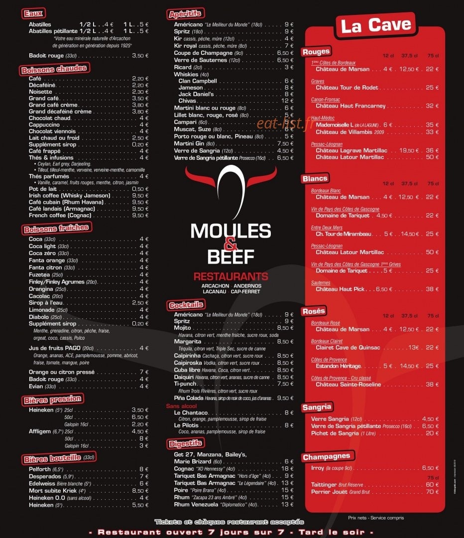 Carte et menu de Moules & Beef à Lege Cap Ferret — Boissons, bières, apéritifs,...