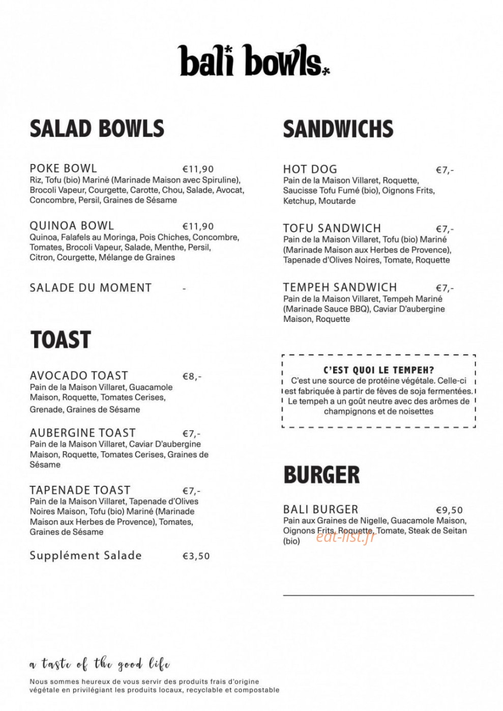 Bali Bowls — carte page 1