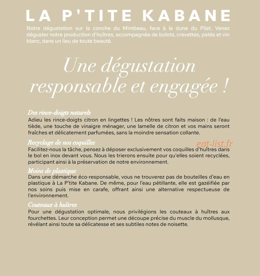 Carte et menu de La P'tite Kabane à Cap Ferret — Les dégustations