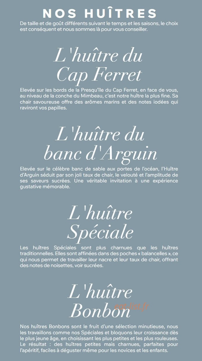Carte et menu de La P'tite Kabane à Cap Ferret — Huîtres
