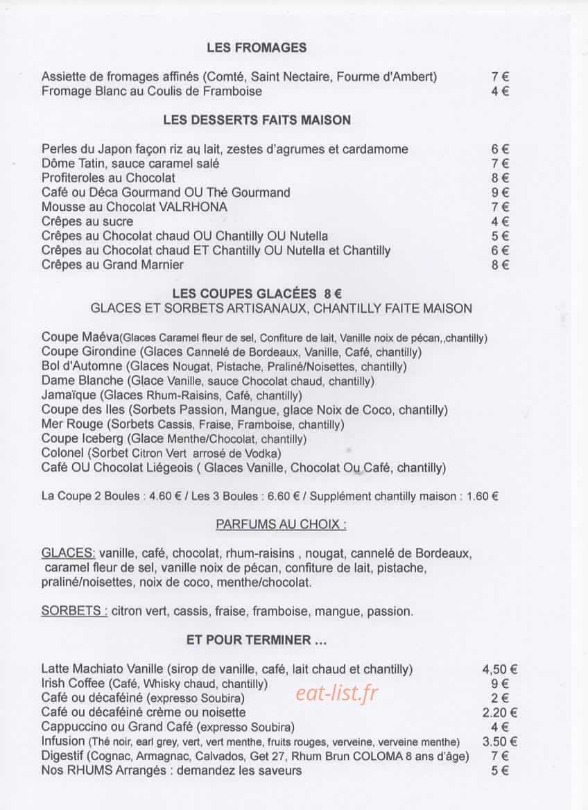 Carte et menu de La Pleine Mer à Cap Ferret — Les fromages et desserts
