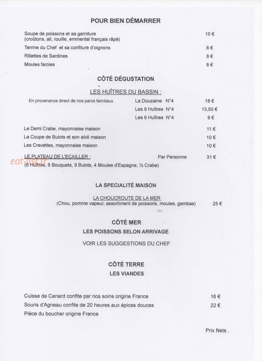 Carte et menu de La Pleine Mer à Cap Ferret — Les huitres, les spécialités ...