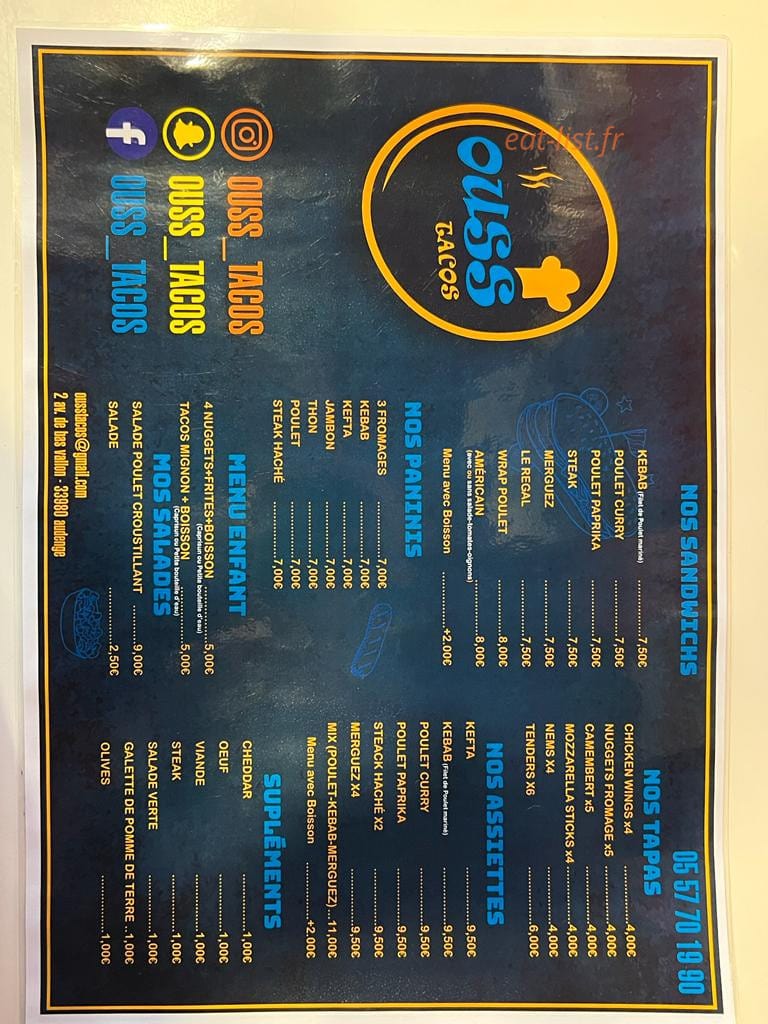 Ouss tacos — carte page 1