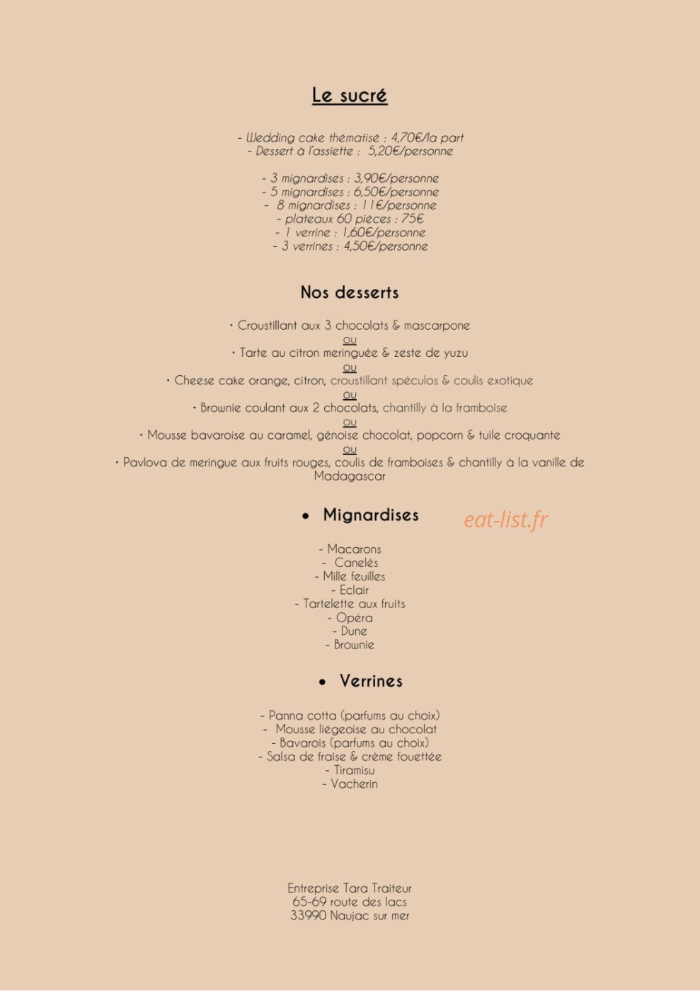 Tara Traiteur — carte page 6
