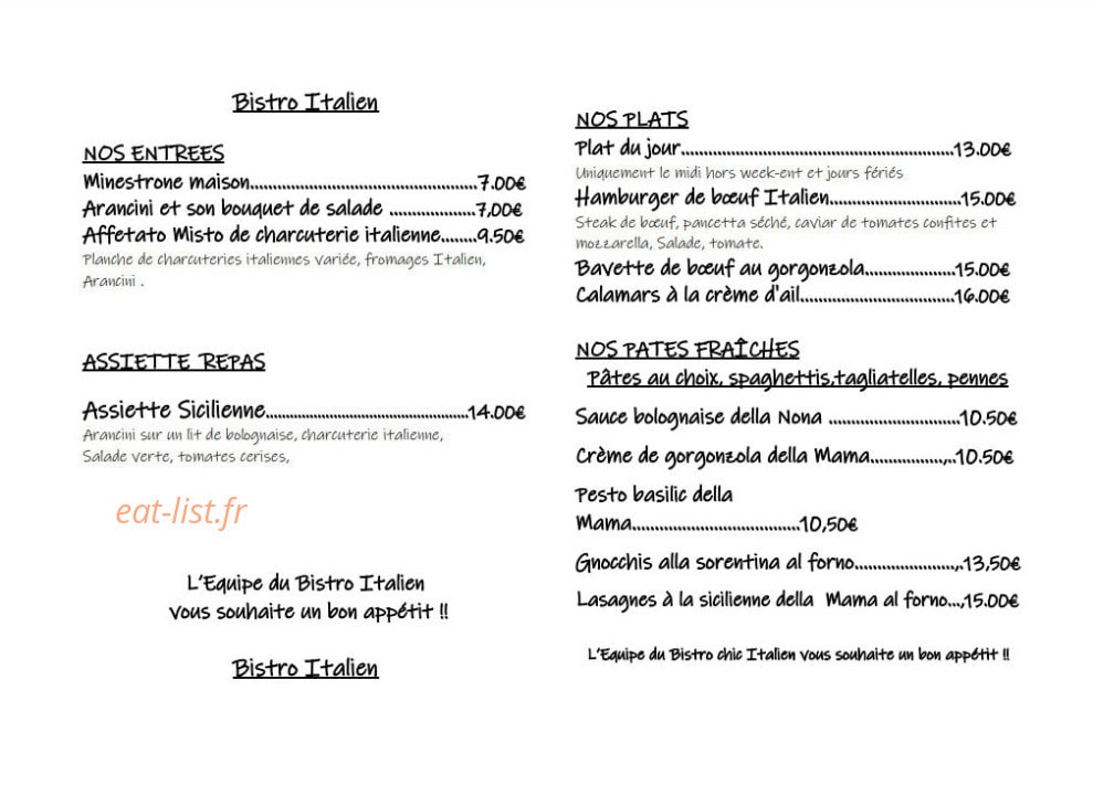 Bistro Italien — carte page 1