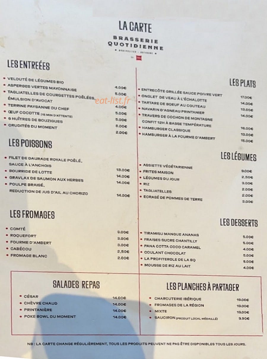 Brasserie Quotidienne — carte page 1