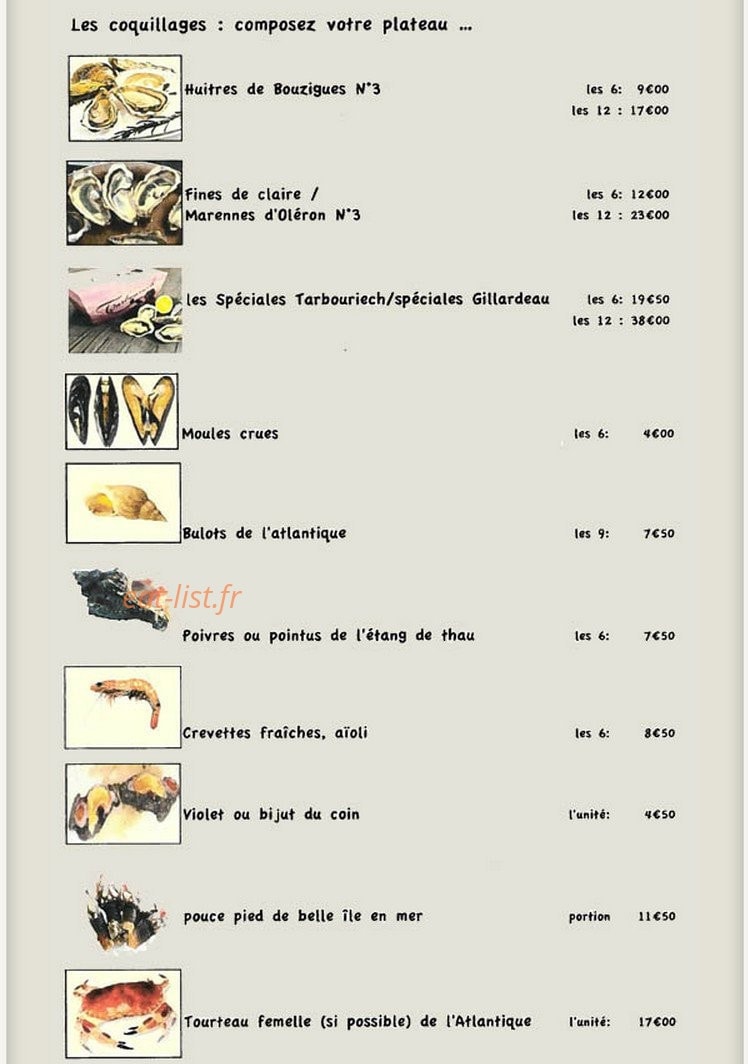 Carte et menu de Chez Toto à Montpellier — Les coquillages